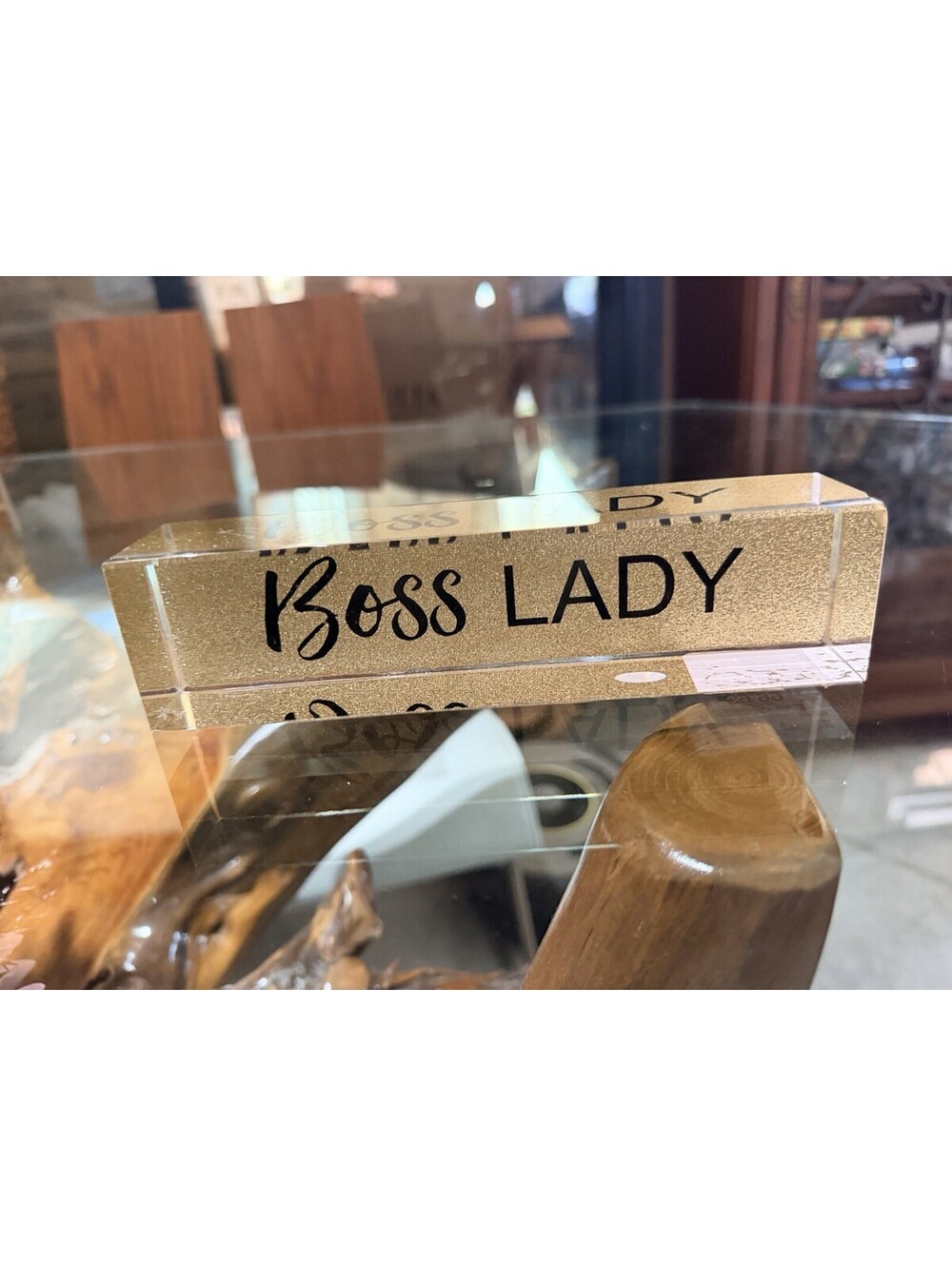 Boss Lady Glass Desk Name Plate Sign Gold Glitter Finish Free Standing